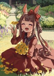 Rule 34 | 1girl, ^ ^, animal ears, bow, brown hair, bush, closed eyes, collared dress, dandelion, day, dress, ear bow, facing viewer, flower, garden, grass, grey necktie, hair rings, hand up, highres, holding, holding flower, horse ears, igafujino, kneeling, light blush, long hair, long sleeves, necktie, open mouth, outdoors, red dress, short necktie, smile, solo, sweep tosho (umamusume), twintails, umamusume, w