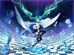 Rule 34 | 1girl, 7th dragon, 7th dragon (series), 7th dragon 2020, ahoge, bare shoulders, blue eyes, breasts, chess piece, chessboard, circle skirt, cleavage, dress, floating clothes, green hair, hatsune miku, high heels, highres, long hair, looking at viewer, macciatto (aciel02), small breasts, smile, solo, thighhighs, very long hair, vocaloid