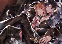 Rule 34 | 1boy, 1girl, belial (granblue fantasy), black hair, black pants, black shirt, black thighhighs, blonde hair, bow, breasts, brown eyes, cleavage, couple, crossed legs, djeeta (granblue fantasy), dress, feather boa, gloves, granblue fantasy, head tilt, hetero, holding, holding sword, holding weapon, looking at viewer, medium breasts, messy hair, pants, parted bangs, parted lips, pink dress, red bow, red eyes, shirt, short dress, short hair, sitting, sitting on lap, sitting on person, smile, soraneko hino, sword, thighhighs, weapon