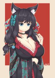 Rule 34 | 1girl, absurdres, animal ears, azur lane, black hair, blue eyes, bow, breasts, butterfly hair ornament, cat ears, choker, cleavage, fusou (azur lane), hair bow, hair ornament, highres, japanese clothes, kimono, large breasts, long hair, long sleeves, nix (3keine), smile, solo, two-tone background