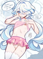 Rule 34 | 1girl, absurdres, bags under eyes, bed sheet, blue eyes, blue hair, blush, camisole, cleft of venus, collar, condom, condom wrapper, english text, eyes visible through hair, flat chest, furina (genshin impact), genshin impact, hair over one eye, highres, lifting own clothes, long hair, looking at viewer, menhera bimbo, nipples, pink camisole, pink collar, pink skirt, pussy, skirt, solo, speech bubble, thighhighs, twintails, white hair, white thighhighs