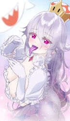 Rule 34 | 1girl, :d, absurdres, ass, blurry, blurry background, blush, boo (mario), breasts, colored tongue, crown, dress, earrings, elbow gloves, frilled dress, frilled gloves, frilled sleeves, frills, from above, gloves, grey hair, hair between eyes, highres, jewelry, large breasts, long hair, long tongue, looking at viewer, luigi&#039;s mansion, mario (series), new super mario bros. u deluxe, nintendo, ogre (illustogre), open mouth, pointy ears, princess king boo, purple eyes, purple tongue, sharp teeth, short sleeves, smile, solo, super crown, teeth, tongue, tongue out, upper teeth only, white dress, white gloves