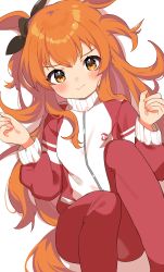 Rule 34 | 1girl, animal ears, blush, brown eyes, brown hair, commentary request, feet out of frame, hands up, highres, horse ears, horse girl, horse tail, inuyama nanami, jacket, long hair, long sleeves, looking at viewer, mayano top gun (umamusume), pants, red jacket, red pants, solo, squatting, tail, track jacket, track pants, track suit, two side up, umamusume, very long hair, white background