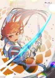 Rule 34 | 1girl, ahamma, arm guards, armor, bad proportions, breasts, commentary request, fighting stance, foreshortening, full body, gloves, holding, holding sword, holding weapon, jacket, light particles, long hair, looking at viewer, low ponytail, medium breasts, open mouth, orange background, orange eyes, orange hair, pants, perspective, shin guards, shoulder armor, slashing, solo, sword, taromaiti (housamo), tokyo houkago summoners, twitter username, v-shaped eyebrows, weapon, white gloves, white jacket, white pants