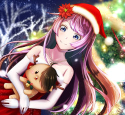 Rule 34 | 1girl, araragi koyomi, bakemonogatari, bare shoulders, blue eyes, blurry, blurry background, character doll, christmas tree, collarbone, commentary, crossed arms, depth of field, detached sleeves, dress, dutch angle, elbow gloves, flower, fur-trimmed dress, fur-trimmed headwear, fur trim, gloves, hair flower, hair ornament, hair spread out, hat, heart, heart necklace, holding, holding stuffed toy, hvxv8543, jewelry, long hair, looking down, monogatari (series), necklace, night, night sky, purple hair, red dress, red headwear, reindeer, santa hat, senjougahara hitagi, shiny skin, sidelocks, signature, sky, smile, snowing, strapless, stuffed animal, stuffed toy, swept bangs, upper body, white gloves