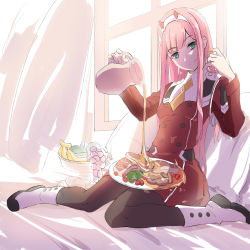 Rule 34 | 10s, 1girl, banana, black pantyhose, boots, curtains, darling in the franxx, dress, food, fruit, full body, grapes, green eyes, hairband, honey, horns, long hair, looking at viewer, meat, orange neckwear, pantyhose, pillow, pink hair, plate, pouring, red dress, shiro q~, sitting, smile, solo, uniform, very long hair, wariza, wind, window, zero two (darling in the franxx)