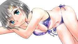 Rule 34 | 1girl, bikini, blue bikini, blue eyes, breasts, cleavage, unworn clothes, commentary request, cowboy shot, grey hair, hair ornament, hairclip, hamakaze (kancolle), highres, kantai collection, kentap, looking at viewer, lying, medium breasts, on side, short hair, side-tie bikini bottom, simple background, smile, solo, string bikini, swimsuit, white background