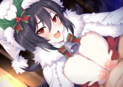 Rule 34 | 1boy, 1girl, bell, black hair, blush, bow, breasts, breasts squeezed together, cape, censored, cleavage, fang, fur-trimmed cape, fur trim, gloves, hair between eyes, hat, hetero, holly, horosuke, huge breasts, illya (christmas) (princess connect!), illya (princess connect!), large breasts, long hair, looking at viewer, mosaic censoring, nipples, open mouth, paizuri, penis, princess connect!, red eyes, red gloves, santa hat, sidelocks, slit pupils, smile, solo focus, sweat, white cape, white headwear