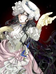 Rule 34 | 1girl, black background, black hair, bow, dress, dress flower, gloves, gown, hand on own chest, hands up, hat, hat bow, highres, isolde (reverse:1999), j90068082855141, light particles, long hair, looking at viewer, outstretched hand, parted lips, pink dress, purple eyes, reverse:1999, solo, tearing up, tears, two-tone dress, upper body, white dress, white hat, white veil, yellow gloves