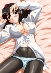 Rule 34 | 1girl, bad id, bad pixiv id, bed, black hair, blush, breasts, cleavage, covered erect nipples, female focus, hat, large breasts, looking at viewer, lying, navel, on back, open clothes, open shirt, panties, panties over pantyhose, panty pull, pantyhose, pointy ears, red eyes, saliva, shameimaru aya, shirt, solo, tokin hat, touhou, underwear, yassaba taichou
