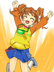 Rule 34 | 00s, 1girl, arms up, brown hair, closed eyes, idolmaster, idolmaster (classic), idolmaster 1, jumping, michael f91, outstretched arms, raglan sleeves, red hair, skirt, smile, solo, takatsuki yayoi, twintails