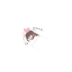 Rule 34 | 1girl, bow, brown hair, chibi, chinese commentary, closed eyes, commentary request, hair bow, hairband, highres, kizuna ai, kizuna ai inc., long hair, multicolored hair, no mouth, no nose, pink bow, pink hair, pink hairband, simple background, sleeping, solo, translated, tukiliii, under covers, white background