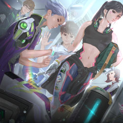Rule 34 | 2girls, 3boys, absurdres, adjusting clothes, adjusting gloves, alternate hairstyle, backlighting, black hair, breasts, casino (overwatch), center opening, clothes around waist, d.mon (overwatch), d.va (overwatch), dutch angle, glasses, gloves, group picture, headphones, headphones around neck, headset, highres, huge filesize, king (overwatch), long hair, medium breasts, multiple boys, multiple girls, navel, overlord (overwatch), overwatch, overwatch 1, pilot suit, ponytail, sports bra, white gloves, wrench, youngppa