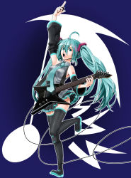 Rule 34 | anly, aqua eyes, aqua hair, bad id, bad pixiv id, detached sleeves, guitar, hatsune miku, headset, highres, instrument, long hair, necktie, panties, skirt, solo, striped clothes, striped panties, thighhighs, twintails, underwear, vocaloid