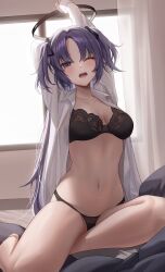 Rule 34 | 1girl, absurdres, arm up, black bra, black halo, black panties, blue archive, bra, breasts, cleavage, curtains, halo, highres, indoors, kangse415, legs, long hair, looking at viewer, medium breasts, navel, one eye closed, open clothes, open mouth, open shirt, panties, purple eyes, purple hair, shirt, sitting, solo, tears, thighs, underwear, white shirt, window, yawning, yuuka (blue archive)
