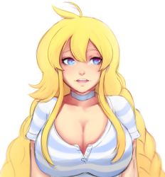 Rule 34 | 1girl, :d, blonde hair, borrowed character, braid, breasts, cassie (theycallhimcake), choker, cleavage, female focus, huge breasts, long hair, open mouth, original, purple eyes, razalor, shirt, simple background, smile, solo, striped clothes, striped shirt, teeth, theycallhimcake, twin braids, upper body, white background