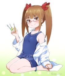 Rule 34 | 1girl, ankleband, artist name, barefoot, bow, breasts, brown eyes, brown hair, covered navel, full body, glasses, holding, holding screwdriver, idolmaster, idolmaster cinderella girls, ikebukuro akiha, lab coat, looking at viewer, pink-framed eyewear, red bow, screwdriver, sidelocks, simple background, sitting, small breasts, smile, solo, twintails, umyao (umyaooon)