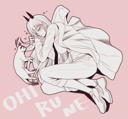 Rule 34 | 1girl, blanket, cat, chainsaw man, closed mouth, closed eyes, from above, horns, hoshi san 3, long hair, long sleeves, lying, meowy (chainsaw man), necktie, on side, open clothes, power (chainsaw man), shirt, shoes, smile, solo