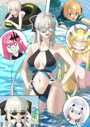 Rule 34 | 6+girls, artoria pendragon (all), artoria pendragon (fate), artoria pendragon (swimsuit ruler) (fate), baobhan sith (fate), bare shoulders, barghest (fate), bikini, black one-piece swimsuit, blue one-piece swimsuit, blush, bodysuit, breasts, cleavage, collarbone, diving suit, fate/grand order, fate (series), gareth (fate), hair between eyes, hands on own hips, highres, innertube, large breasts, long hair, melusine (fate), morgan le fay (fate), multiple girls, mysterious idol x alter (fate), n.e (sakura-233), one-piece swimsuit, open mouth, short hair, smile, swim ring, swimsuit, thighs, wetsuit