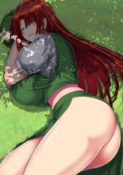 Rule 34 | 1girl, absurdres, ar (lover boy), ass, blush, breasts, closed eyes, grass, green skirt, highres, hong meiling, large breasts, long hair, lying, on side, outdoors, parted bangs, parted lips, red hair, short sleeves, skirt, sleeping, smile, solo, thighs, touhou