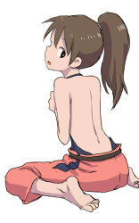 Rule 34 | 00s, 1girl, back, back focus, backless outfit, bare back, barefoot, black eyes, brown hair, from behind, ogino chihiro, open mouth, ponytail, sen to chihiro no kamikakushi, simple background, sitting, solo, wariza, white background, yamamoto souichirou