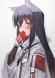 Rule 34 | 1girl, absurdres, animal ear fluff, animal ears, arknights, black hair, blush, coat, fur-trimmed coat, fur-trimmed sleeves, fur trim, gloves, highres, id card, long hair, long sleeves, looking at viewer, multicolored hair, official alternate costume, red eyes, red gloves, red hair, sidelocks, simple background, solo, sutei (arece15), texas (arknights), texas (winter messenger) (arknights), two-tone hair, upper body, very long hair, white background, white coat, wolf ears