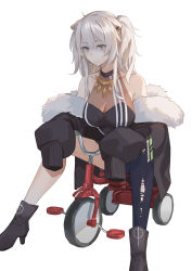 Rule 34 | 1girl, absurdres, animal ears, bare shoulders, black footwear, black jacket, black pantyhose, black shirt, boots, breasts, cleavage, commentary request, grey eyes, high heel boots, high heels, highres, hololive, ina (inadiary), jacket, jewelry, lion ears, long hair, long sleeves, medium breasts, necklace, off shoulder, pantyhose, see-through, see-through cleavage, shaded face, shirt, shishiro botan, shishiro botan (1st costume), silver hair, simple background, single leg pantyhose, sleeves past fingers, sleeves past wrists, solo, tricycle, virtual youtuber, white background