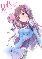 Rule 34 | 1girl, armor, bodysuit, breasts, brown hair, character name, d.va (overwatch), dated, facepaint, facial mark, gloves, gun, handgun, headphones, highres, holding, holding gun, holding weapon, long hair, looking at viewer, medium breasts, moupii (hitsuji no ki), overwatch, overwatch 1, parted lips, pilot suit, purple eyes, smile, solo, swept bangs, upper body, weapon, whisker markings, white gloves