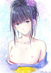 Rule 34 | 1girl, bad id, bad pixiv id, bare shoulders, black hair, breasts, collarbone, female focus, flower, grey eyes, hair flower, hair ornament, japanese clothes, kanden sky, kimono, kimono pull, looking at viewer, nipples, original, ponytail, small breasts, solo, topless, topless frame, upper body