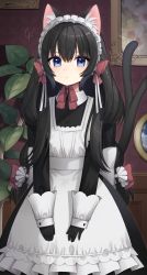 Rule 34 | 1girl, animal ear fluff, animal ears, apron, black dress, black gloves, black shirt, blue eyes, bow, cat ears, cat tail, closed mouth, cowboy shot, dress, gloves, hair bow, indoors, konogi nogi, long hair, long sleeves, looking at viewer, maid, maid apron, maid headdress, multiple tails, nekomata, original, plant, potted plant, red bow, shirt, solo, tail, two tails, very long hair, white apron