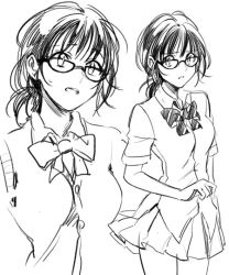 Rule 34 | 1girl, bow, bowtie, coppelion, glasses, greyscale, looking at viewer, miniskirt, monochrome, nomura taeko, open mouth, penki, shirt, short ponytail, short sleeves, sketch, skirt, solo, striped bow, striped bowtie, striped clothes, striped neckwear, sweater vest, white shirt