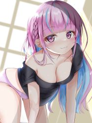 Rule 34 | 1girl, ahoge, all fours, bent over, black shirt, blue hair, blunt bangs, blush, braid, breasts, cleavage, closed mouth, collarbone, colored inner hair, downblouse, hanging breasts, highres, hololive, large breasts, long hair, looking at viewer, masaharu21, minato aqua, multicolored hair, no bra, off shoulder, panties, pink eyes, pink hair, pink panties, shirt, short sleeves, sidelocks, single bare shoulder, smile, solo, streaked hair, thighs, two-tone hair, underwear, virtual youtuber, window