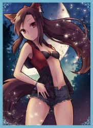 Rule 34 | 1girl, alternate costume, animal ears, bare shoulders, border, bra, breasts, brooch, brown hair, cleavage, contemporary, cowboy shot, crescent moon, denim, denim shorts, expressionless, floating hair, hood, hood down, hoodie, imaizumi kagerou, jewelry, kaio (watagami), long hair, looking at viewer, midriff, moon, navel, night, night sky, no shirt, open clothes, open hoodie, open shirt, ponytail, red eyes, shirt, short shorts, shorts, sky, sleeveless, sleeveless hoodie, small breasts, solo, stomach, tail, touhou, unbuttoned, underwear, wide sleeves, wolf ears, wolf tail