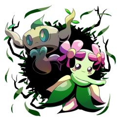 Rule 34 | 1girl, arms up, bellossom, black eyes, black sclera, blush, blush stickers, colored sclera, creatures (company), dancing, floating, flower, full body, game freak, gen 2 pokemon, gen 6 pokemon, ghost, kanikou7, leaf, looking at viewer, looking up, nintendo, no humans, phantump, pokemon, pokemon (creature), pokemon gsc, pokemon xy, red eyes, red flower, simple background, smile, standing, white background