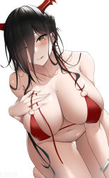Rule 34 | 1girl, absurdres, all fours, alternate costume, azur lane, bikini, black hair, blush, bottomless, bracelet, breasts, closed mouth, cloud, collarbone, eyes visible through hair, friedrich der grosse (azur lane), hair over one eye, hand on own chest, heart, heart-shaped pupils, highres, horns, huge breasts, jewelry, large breasts, larger bmx, long hair, looking at viewer, mole, mole on breast, navel, o-ring, o-ring bikini, red bikini, simple background, skindentation, solo, stomach, strap slip, swimsuit, symbol-shaped pupils, thigh gap, tongue, tongue out, very long hair, white background, yellow eyes