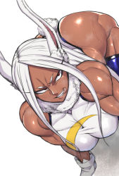 Rule 34 | 1girl, all fours, ass, bare shoulders, bent over, boku no hero academia, breasts, dark-skinned female, dark skin, gloves, highres, huge ass, large breasts, leotard, long hair, looking back, mirko, muscular, muscular female, naughty face, rabbit ears, rabbit girl, rabbit tail, red eyes, sleeveless, smile, solo, sweat, thick thighs, thighhighs, thighs, timaturixp, tongue, tongue out, white background, white gloves, white hair