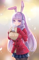 Rule 34 | 1girl, animal ears, aran sweater, blunt bangs, blush, breasts, cable knit, copyright request, cup, earmuffs, highres, holding, holding cup, jacket, large breasts, long hair, miniskirt, monno, mug, pantyhose, partially unbuttoned, purple eyes, purple hair, rabbit ears, rabbit girl, skirt, sleeves past wrists, solo, sweater, very long hair, virtual youtuber