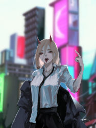 Rule 34 | 1girl, 96yottea, absurdres, black jacket, black necktie, black pants, blonde hair, blurry, blurry background, building, chainsaw man, cityscape, collared shirt, day, highres, horns, jacket, jacket partially removed, long hair, looking at viewer, middle finger, necktie, pants, power (chainsaw man), red horns, sharp teeth, shirt, shirt partially tucked in, sky, sleeves rolled up, solo, teeth, tongue, tongue out, white shirt, white sky