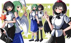 Rule 34 | 2girls, ;d, absurdres, ahoge, black hair, black skirt, black thighhighs, black wings, blue skirt, breasts, bright pupils, collared shirt, commentary, detached sleeves, english commentary, frog hair ornament, gohei, green eyes, green hair, hair ornament, hat, hauchiwa, highres, holding, holding hands, kochiya sanae, large breasts, leaf print, long hair, looking at another, looking at viewer, multiple girls, multiple views, one eye closed, open mouth, outline, red eyes, red headwear, shameimaru aya, shirt, short hair, skirt, smile, snake hair ornament, spam (spamham4506), star (symbol), thighhighs, tokin hat, touhou, white outline, white pupils, white shirt, wings, yellow background