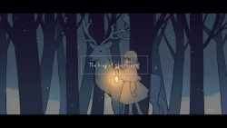 Rule 34 | 1girl, animal, antlers, arm at side, bare tree, blue theme, blush, bob cut, cape, capelet, commentary, deer, dot mouth, dot nose, dress, english text, fantasy, feet out of frame, forest, highres, holding, holding lantern, hood, hood down, hooded capelet, horns, lantern, letterboxed, limited palette, long sleeves, looking ahead, mokunoki, nature, night, original, outdoors, short hair, signature, tree, walking, wide shot