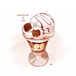 Rule 34 | animal-themed food, banana, banana slice, brownie (food), cat, chai (drawingchisanne), chocolate, chocolate syrup, commentary request, cup, english text, food, food focus, fruit, garnish, ice cream, no humans, original, parfait