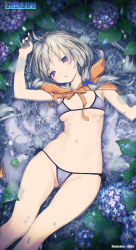 Rule 34 | 1girl, ahoge, arm up, artist name, bikini, blue bow, blush, bow, breasts, cameltoe, cleft of venus, cloak, copyright name, flower, frog, game-style, gluteal fold, grey hair, groin, hair bow, highres, hydrangea, jiyu2, long hair, looking at viewer, low twintails, lying, medium breasts, navel, on back, original, parted lips, purple bikini, ripples, solo, swimsuit, thigh gap, thighs, twintails, underboob, wallpaper, watermark