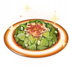 Rule 34 | artist request, chili pepper, commentary, english commentary, food, food focus, game cg, genshin impact, leaf, lowres, mint, no humans, official art, plate, salad, simple background, sparkle, still life, third-party source, transparent background