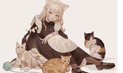 Rule 34 | 1girl, absurdres, animal, animal ears, apron, ball, black dress, black footwear, blonde hair, buttons, calico, cat, cat ears, closed eyes, clothes lift, collared dress, commentary, dress, dress lift, fingernails, foot out of frame, frilled apron, frills, highres, kuiqiu kq, licking paw, lifting own clothes, long hair, maid, maid apron, maid headdress, mary janes, open mouth, orange cat, original, petticoat, shadow, shoes, sideways glance, simple background, sitting, sleeve cuffs, smile, solo, string, tabby cat, teeth, upper teeth only, wavy hair, white apron, white background, yarn, yarn ball, yellow eyes