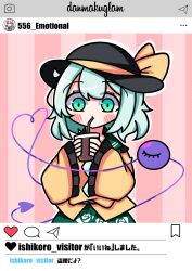 Rule 34 | 1girl, :t, absurdres, black hat, blue shirt, blush, blush stickers, bow, buttons, cup, diamond button, disposable cup, drinking, drinking straw, drinking straw in mouth, floral print, frilled shirt collar, frilled sleeves, frills, green eyes, green hair, green skirt, hat, hat bow, hata no kokoro, heart, heart of string, highres, holding, holding cup, instagram, komeiji koishi, light green hair, long hair, long sleeves, mask, mask on head, medium hair, pink background, pink hair, rose print, shirt, skirt, sleeves past wrists, social network, solo, standing, striped, striped background, third eye, touhou, translation request, two-tone background, waroemon, yellow bow, yellow shirt