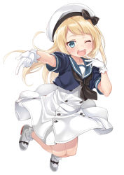 Rule 34 | 1girl, blonde hair, blue eyes, blue sailor collar, dress, ebifurya, full body, gloves, hat, highres, index finger raised, jervis (kancolle), kantai collection, long hair, looking at viewer, one eye closed, open mouth, sailor collar, sailor dress, sailor hat, short sleeves, simple background, smile, socks, solo, teeth, upper teeth only, white background, white dress, white gloves, white hat