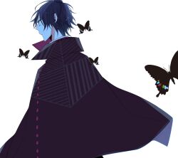 Rule 34 | 1boy, black butterfly, bug, butterfly, closed mouth, expressionless, facing away, hikage (kokuchou no psychedelica), insect, kokuchou no psychedelica, looking afar, male focus, mole, mole under eye, purple eyes, purple hair, short hair, solo, unm777, white background