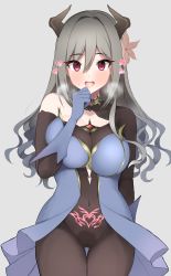 Rule 34 | 1girl, ?, absurdres, argule0901, bad id, bad pixiv id, black pantyhose, bodystocking, bodysuit, breasts, cameltoe, cleft of venus, covered collarbone, gluteal fold, grey background, grey hair, heart, heart-shaped pupils, highres, idolmaster, idolmaster cinderella girls, kanzaki ranko, large breasts, long hair, navel, open mouth, pantyhose, pubic tattoo, pussy juice, pussy juice stain, red eyes, see-through, simple background, solo, symbol-shaped pupils, tattoo, thighs, tight clothes