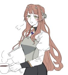 Rule 34 | 1girl, puff of air, american flag neckwear, birdry, black skirt, blush, brown hair, coffee, cup, green eyes, headgear, helena (kancolle), holding, holding cup, kantai collection, long hair, long sleeves, paper, papers, simple background, sketch, skirt, solo, steam, white background