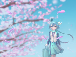 Rule 34 | 1girl, aoki lapis, blue eyes, blue hair, blurry, blurry background, cherry blossoms, extreme nattou, gem hair ornament, grin, highres, holding, holding suitcase, long sleeves, looking at viewer, outdoors, petals, short hair, skirt, smile, solo, suitcase, tree, vest, vocaloid
